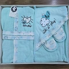 Miniworld Başlıklı havlulu, bornozlu, terlikli,keseli bornoz seti