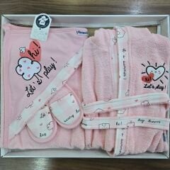 Miniworld Başlıklı havlulu, bornozlu, terlikli,keseli bornoz seti