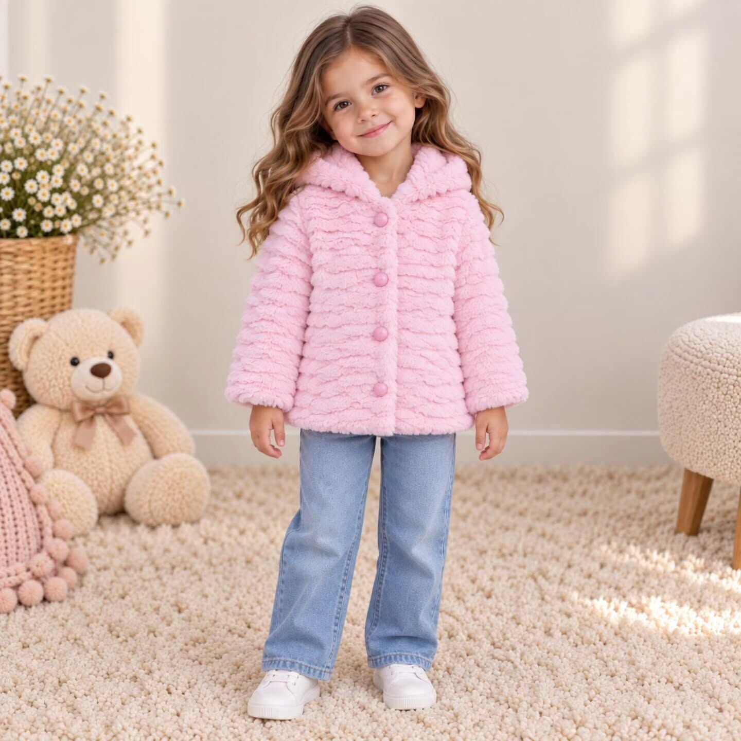 Peluş kapşonlu düğmeli hafif mont1-2-3-4-5 YAŞ
