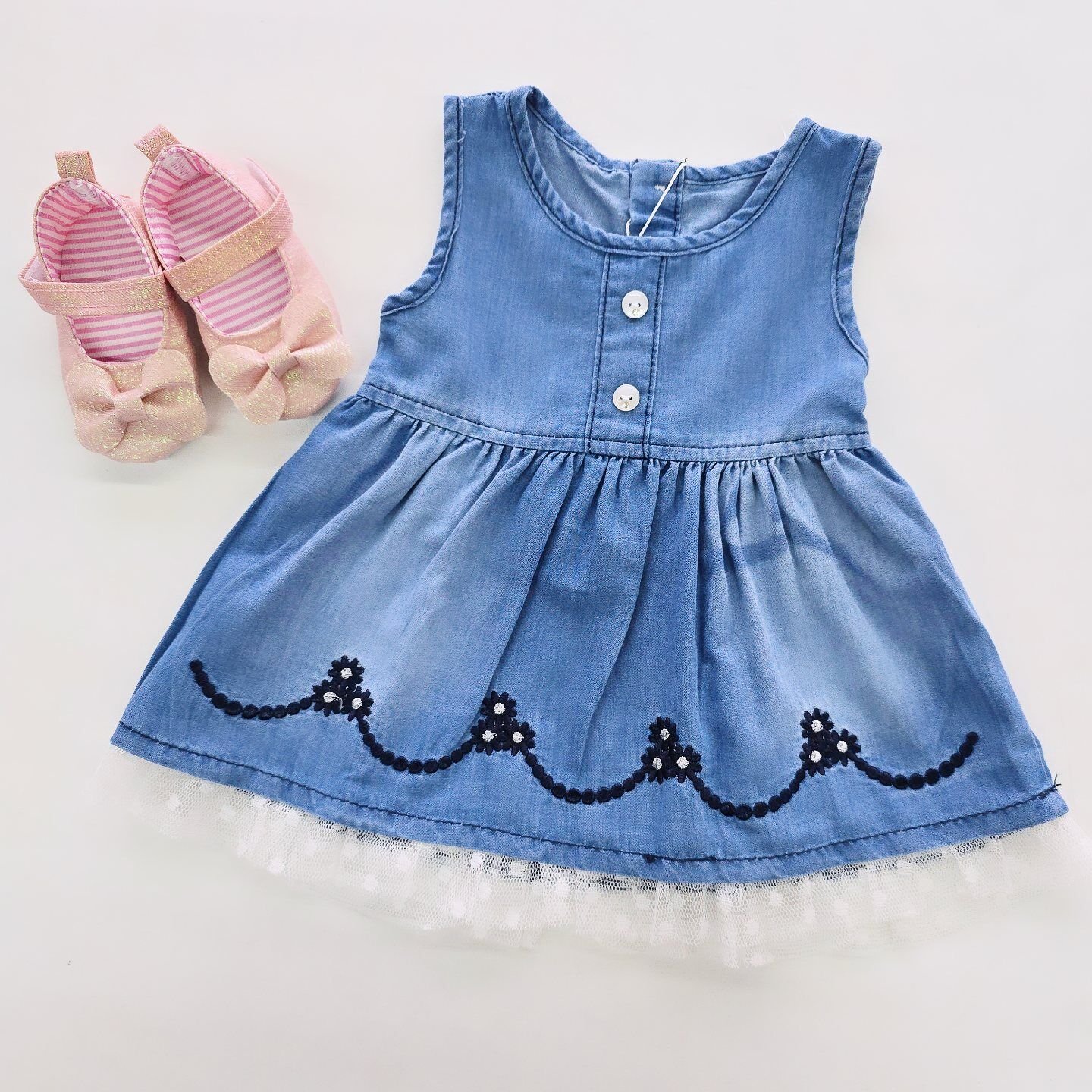 Oryeda baby ayakkabılı tüllü kot elbise