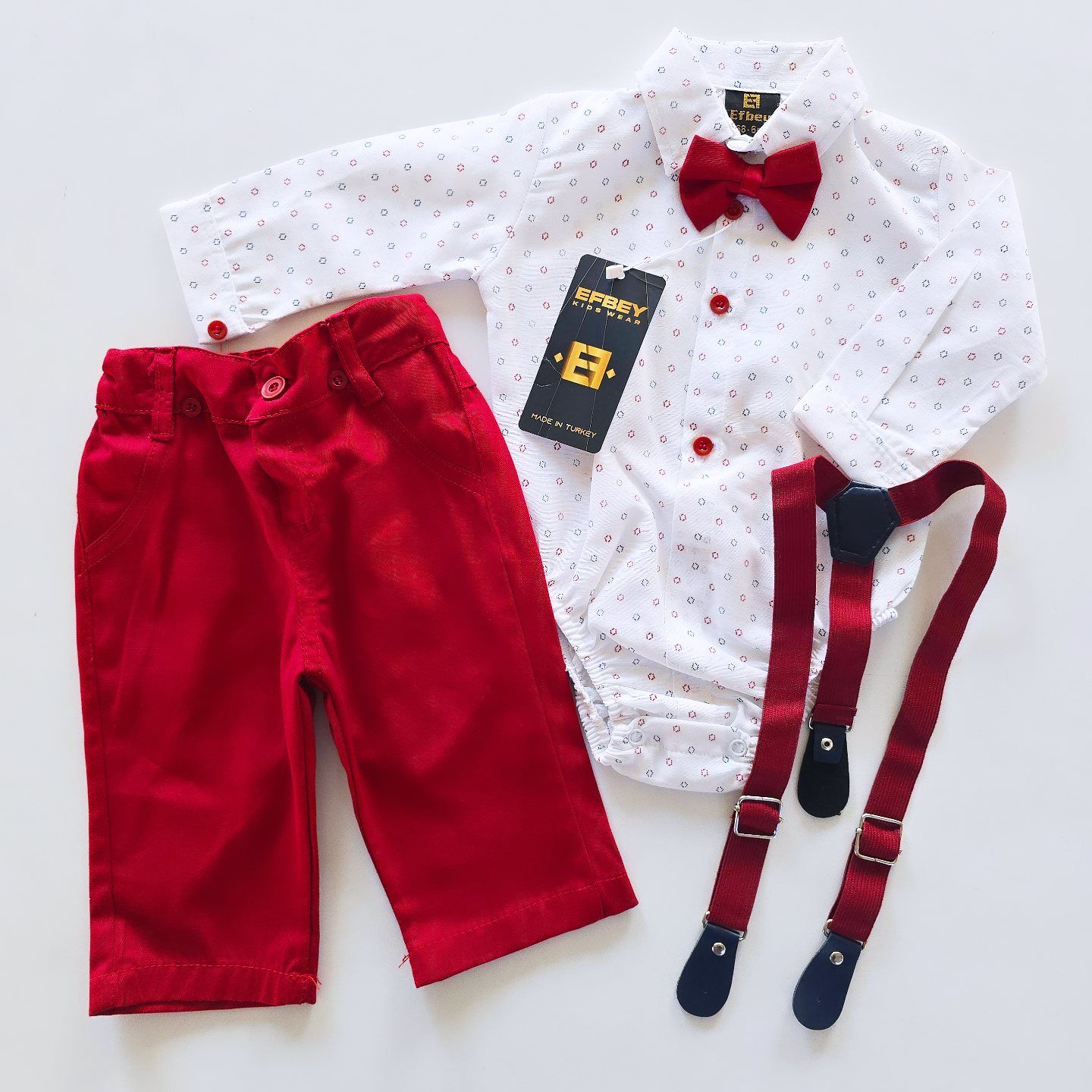Efbey baby çıtçıtlı gömlekli askılı papyonlu takım