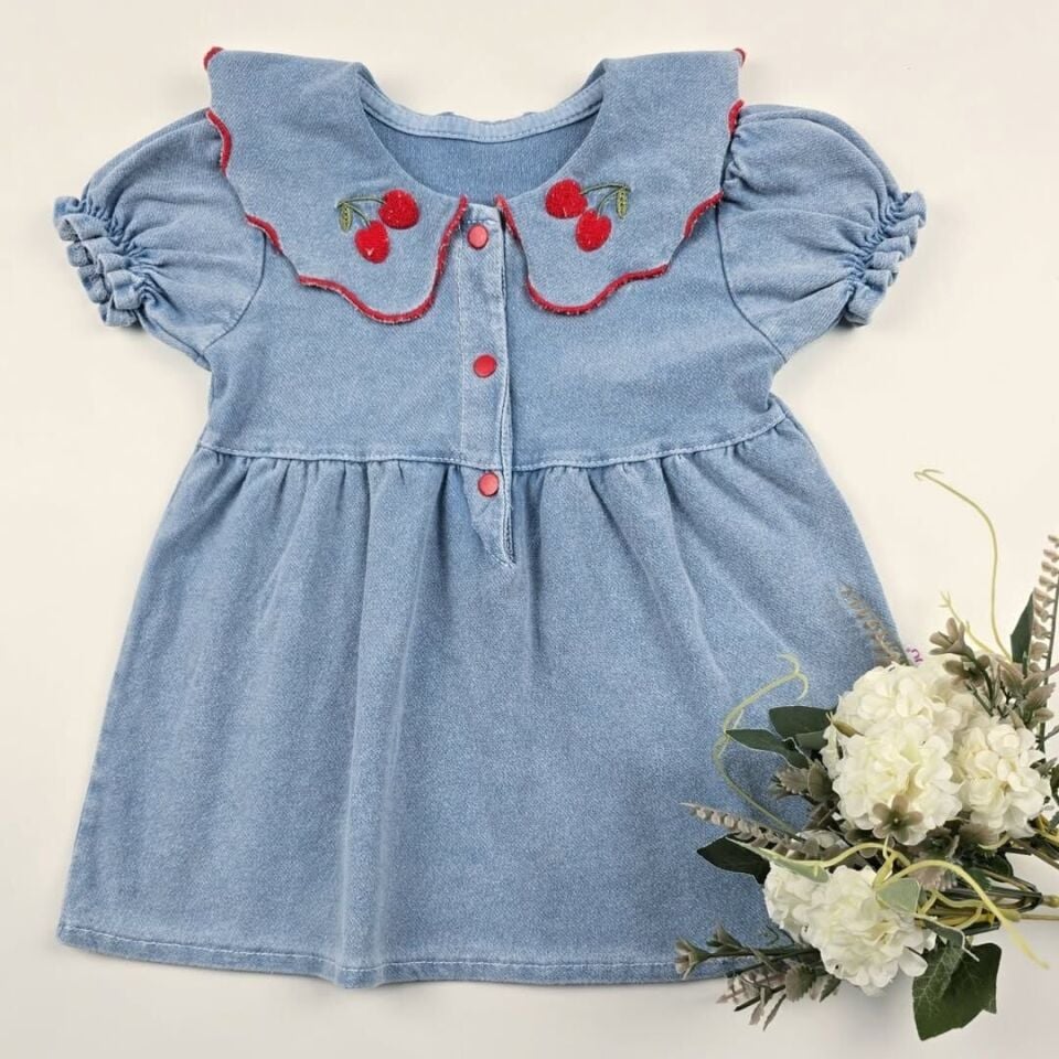 Nakışlı Kiraz Yakalı Elbise 9-12 ay (80 cm)