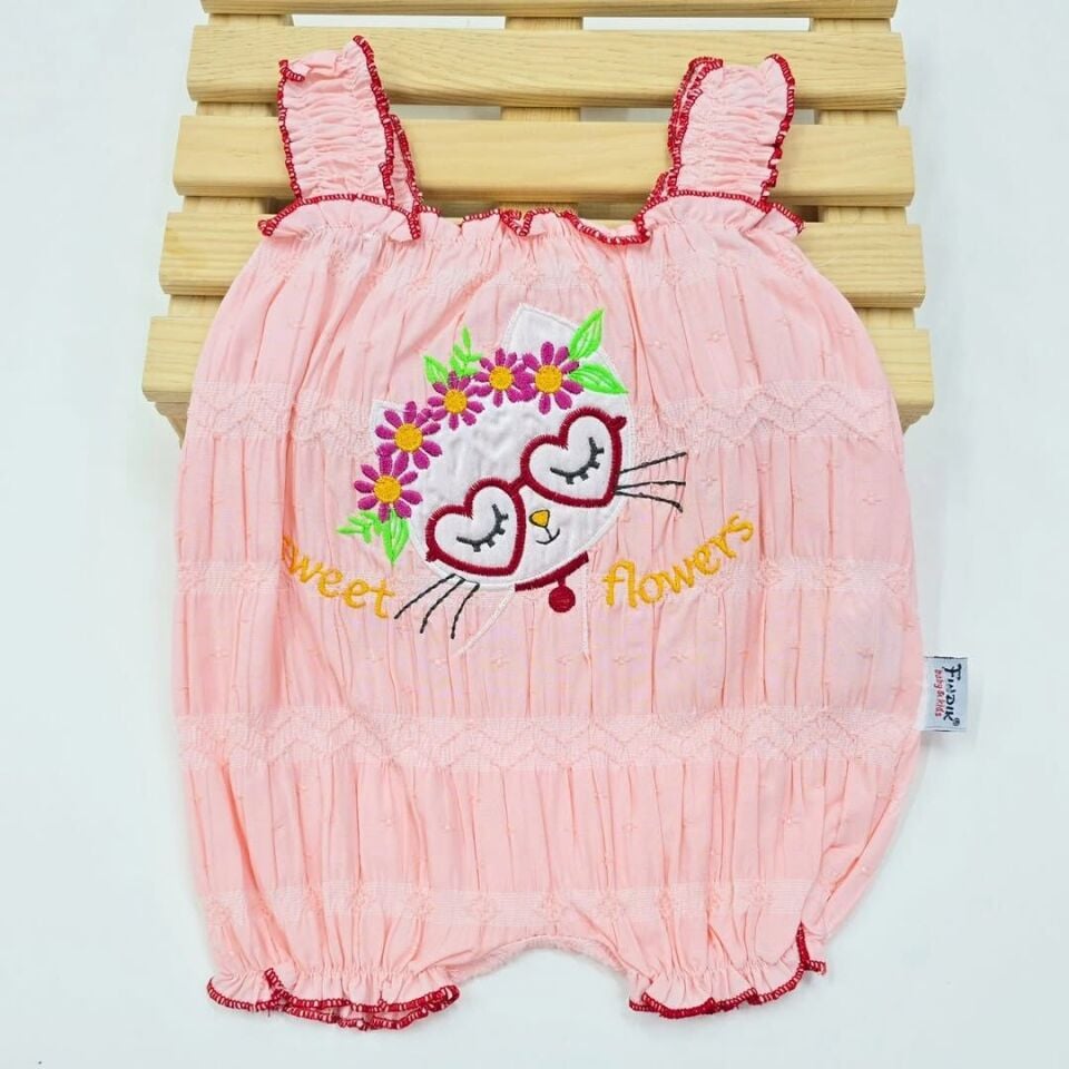 FINDIK Kedili Nakışlı Müslin Tulum 0-3-6-9 AY 6-9 ay (74 cm) - pudra