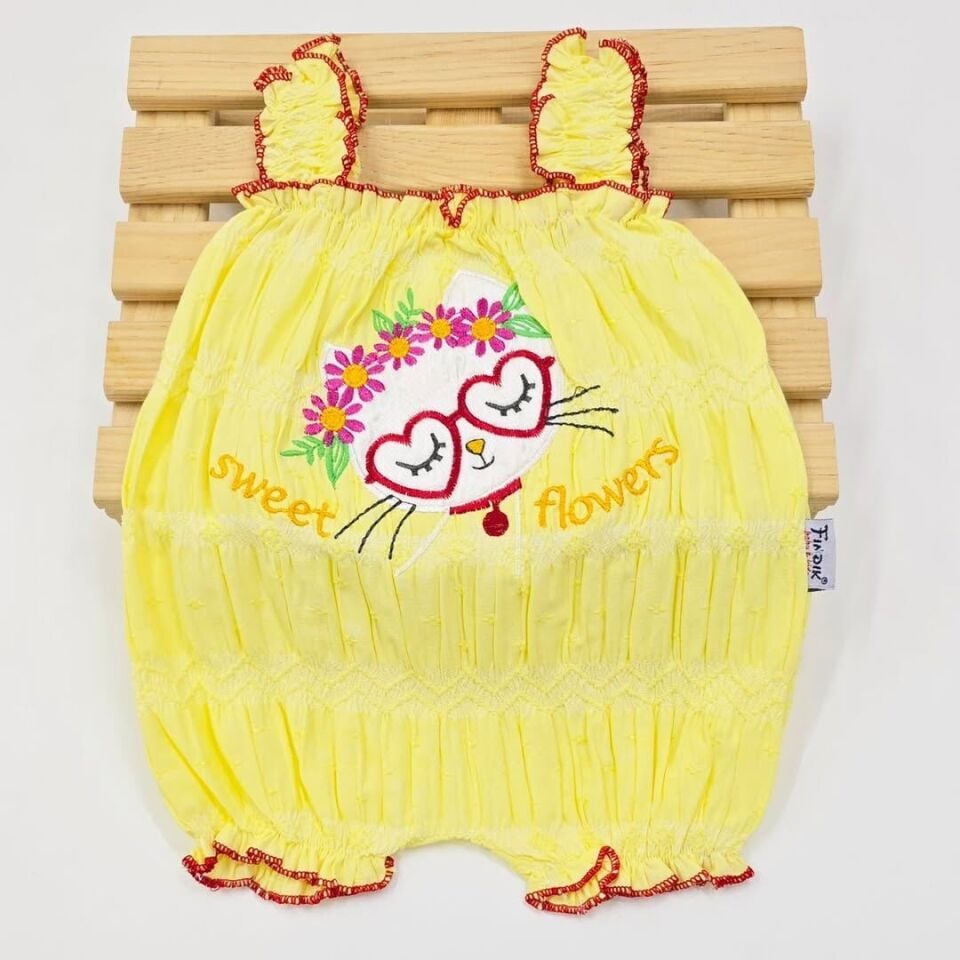 FINDIK Kedili Nakışlı Müslin Tulum 0-3-6-9 AY 6-9 ay (74 cm) - pudra