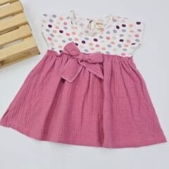 Baby wood Müslin fiyonklu puanlı elbise 6-9-12-18-24 ay