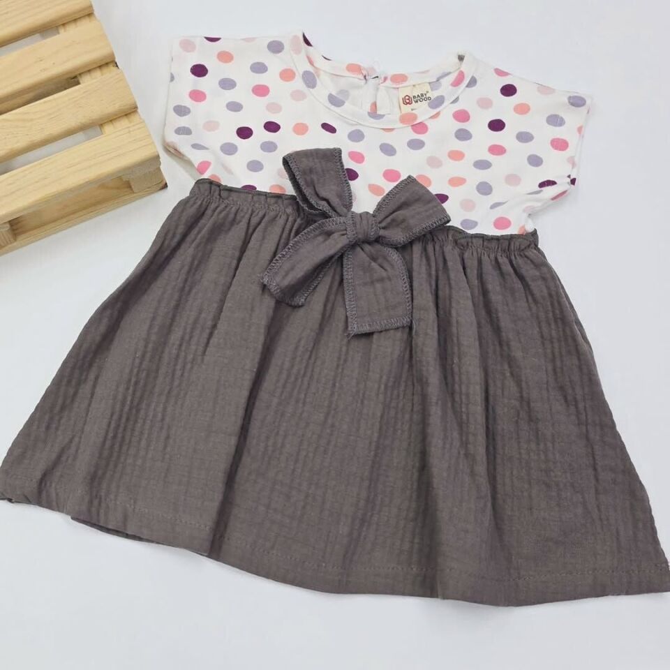 Baby wood Müslin fiyonklu puanlı elbise 6-9-12-18-24 ay 18-24 ay (92 cm) - pembe
