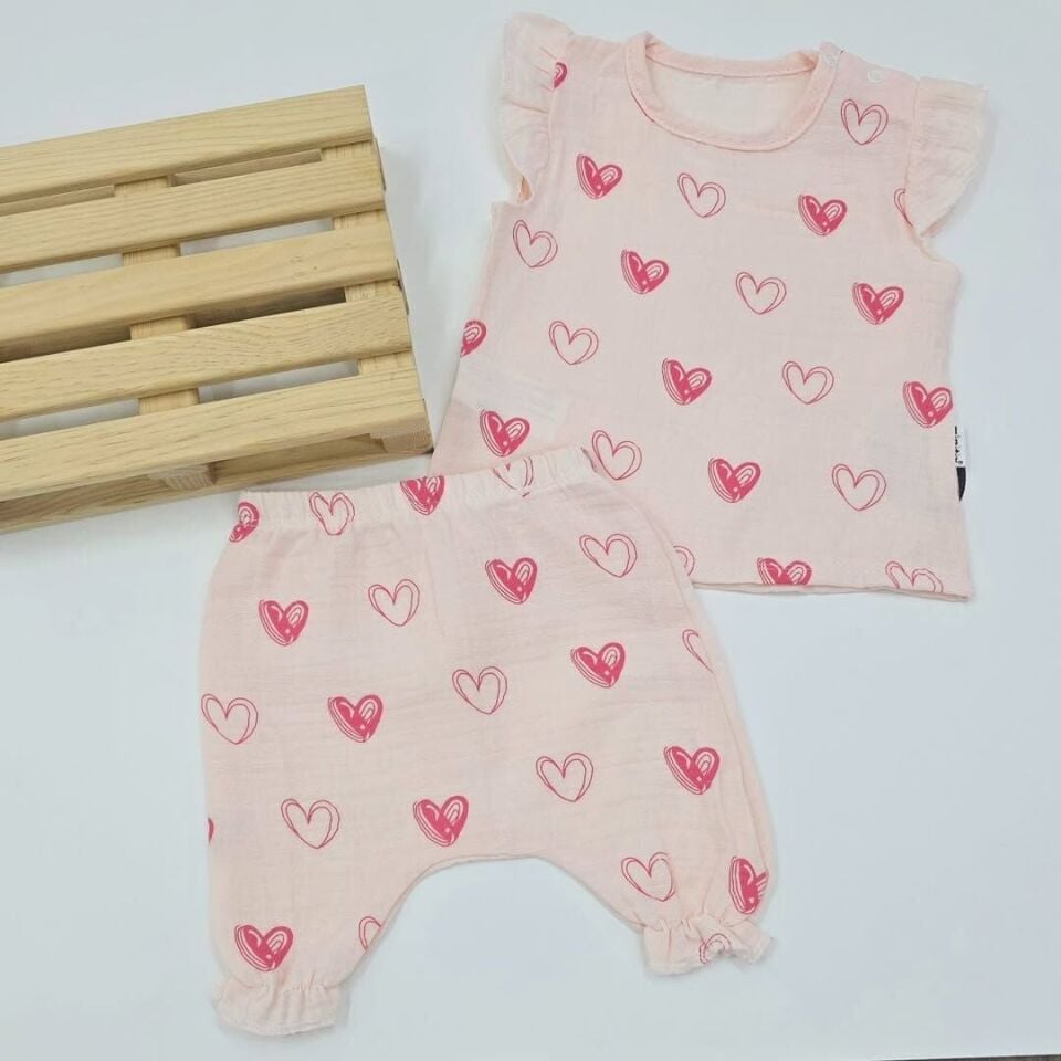 Minitix Kalpli şortlu müslin takım 6-9-12-18-24 ay 9-12 ay (80 cm) - pembe