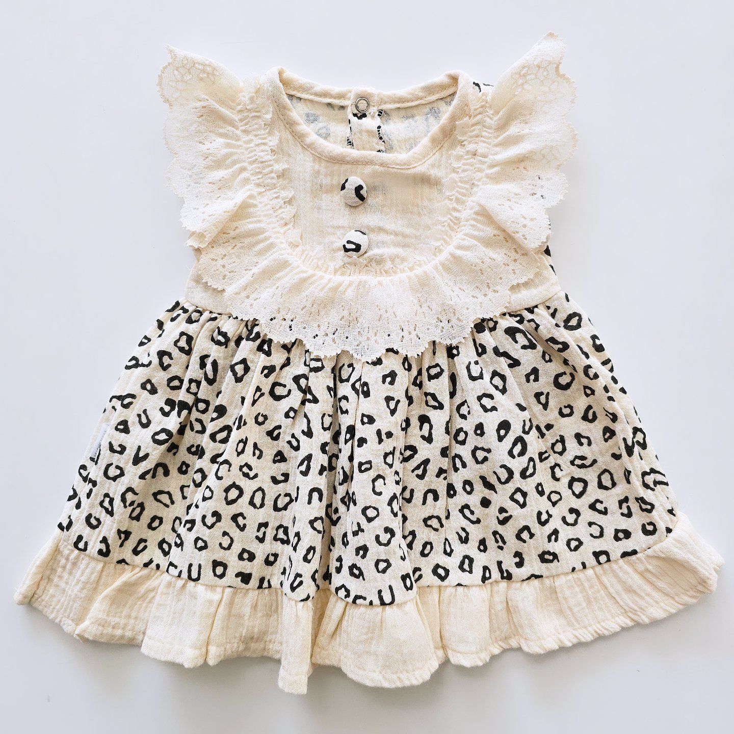 Minicix baby dantel yakalı leoparlı müslin elbise