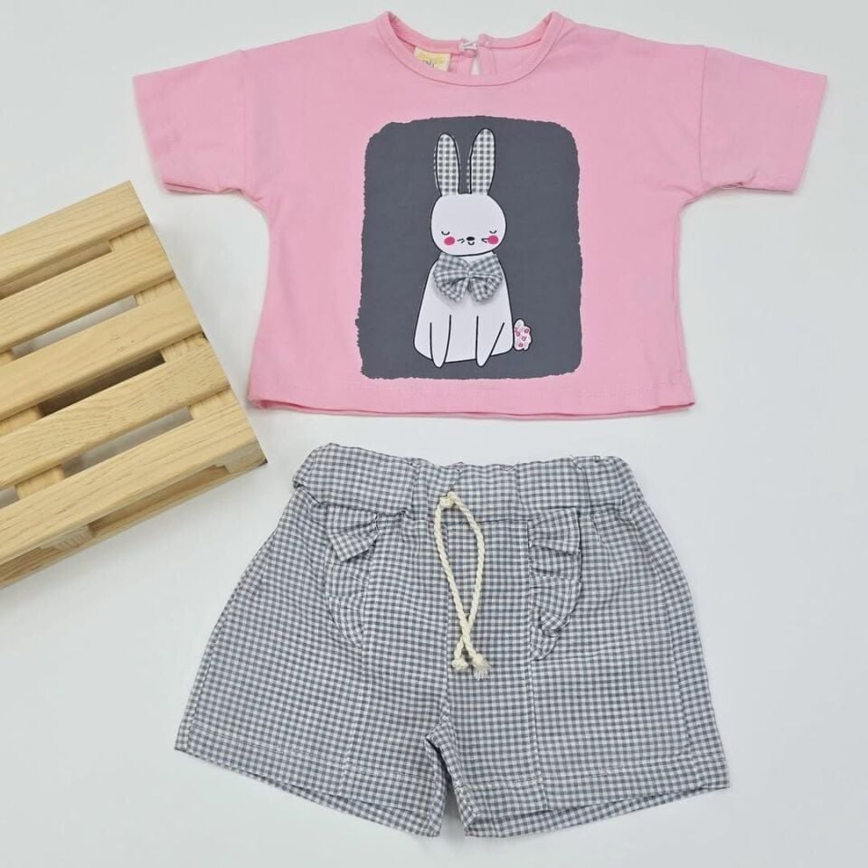 Air baby tavşanlı fırfırlı şortlu takım 6-9-12-18-24 ay 6-9 ay (74 cm) - nar çiçeği