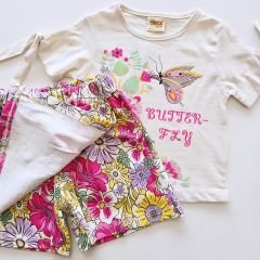 Deco kids kolu bağcıklı çiçekli şort etekli takım