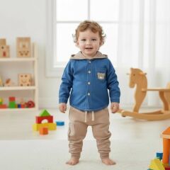 Kapşonlu kot gömlekli, kargo cepli altlı takım