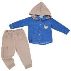 Kapşonlu kot gömlekli, kargo cepli altlı takım