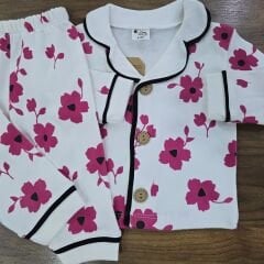 Çiçekli önden düğmeli pijama takım