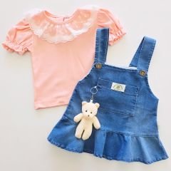 Tufitto baby dantelli badili ayıcıklı askılı kot elbise