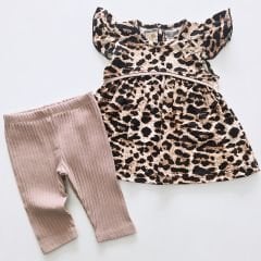 Deco baby leoparlı fitilli taytlı takım
