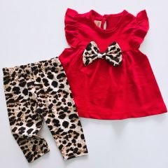 Deco baby leoparlı fiyonklu taytlı takım