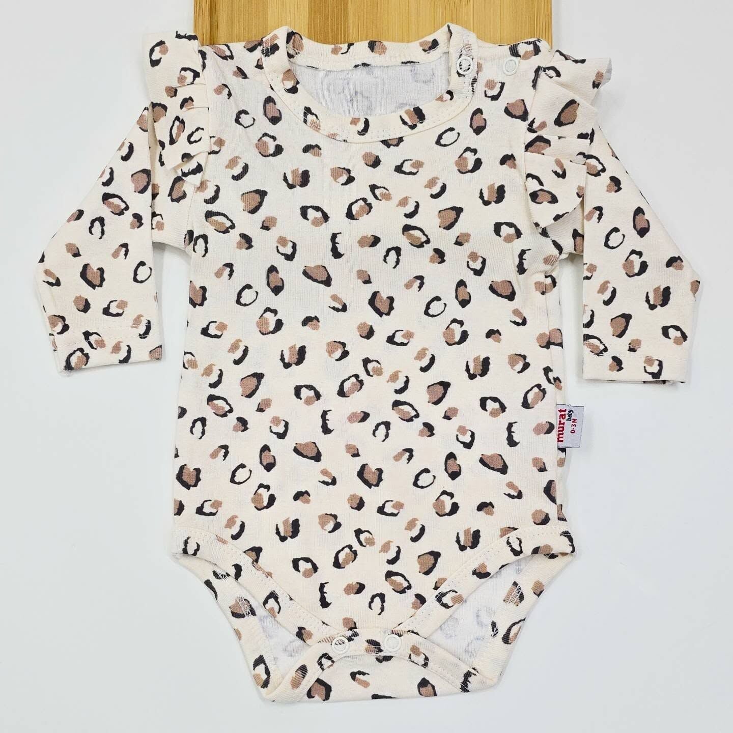 Leoparlı kolu fırfırlı çıtçıtlı badi 0-3-6-9-12-18 ay