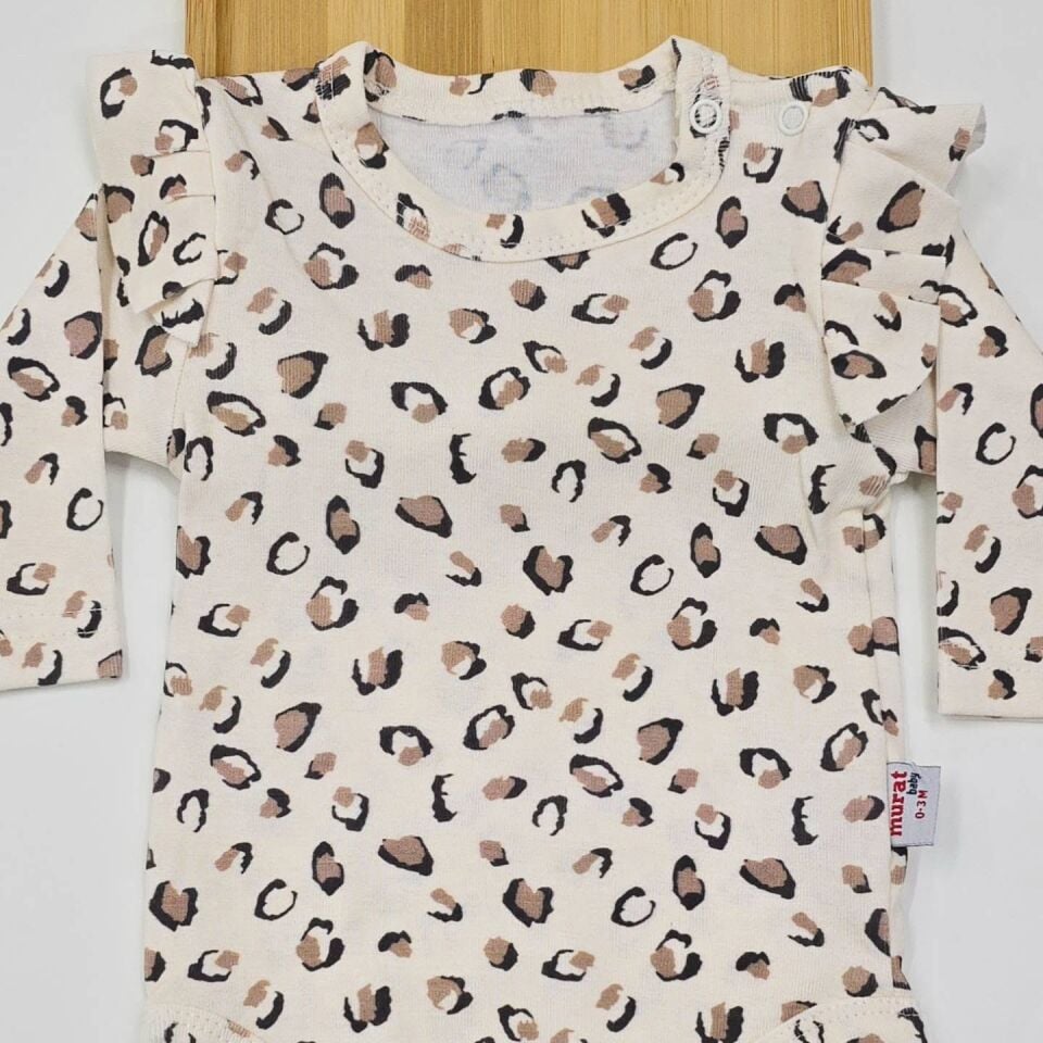 Leoparlı kolu fırfırlı çıtçıtlı badi 0-3-6-9-12-18 ay